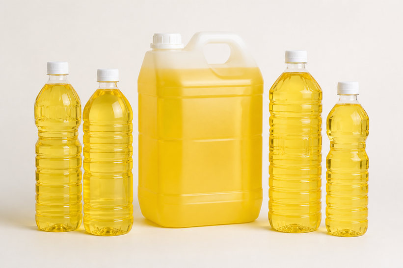 Unbranded canola oil bottles and jerrycan